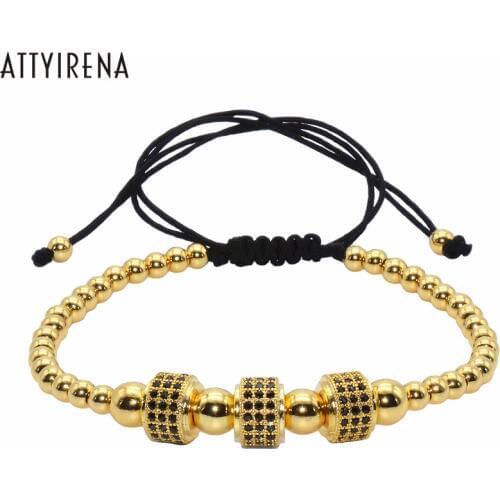 ATTYIRENA Macrame Bracelets Round Stopper Bracelets Men Gold Color Beaded Luxury Bar Micro inlay zircon Braiding Bangles