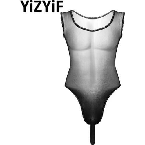 Mens Sexy Bodysuit Lingerie Erotic See Through Sheer Lace Mesh Lingerie Sexy Sleeveless High Cut Bulge Pouch Leotard Bodysuit