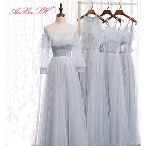 AXJFU princess grey lace o neck Bridesmaid Dress fashion illusion bow beading sparkly long ruffles lace up Bridesmaid Dress