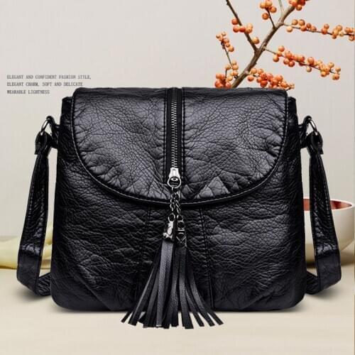 Retro Tassel Shoulder Bag For Women Soft PU Leather Crossbody Bag Black Messenger Bag Flap Lady Handbag Luxury Shopping Purse
