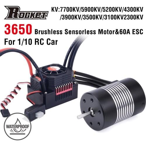 Rocket 3650 Waterproof Brushless Sensorless Motor 2300KV 3100KV 3500KV 4300KV 5900KV 5200KV 7700KV w/60A ESC for 1/10 RC Car