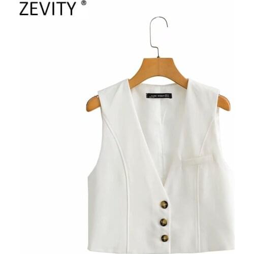 Zevity Women Fashion V Neck Sleeveless Short Vest Jacket Office Ladies Single Breasted Slim WaistCoat Leisure Outwear Tops CT732