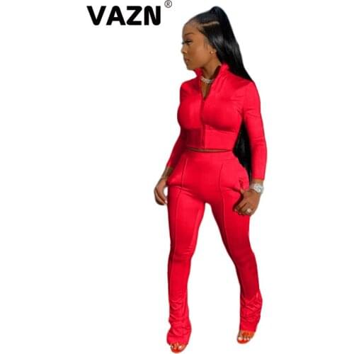 VAZN 2020 Autumn High Quality Young Daily Casual Solid Full Sleeve Cloth Top Long Pants Tracksuits Slim Women 2 Piece Se