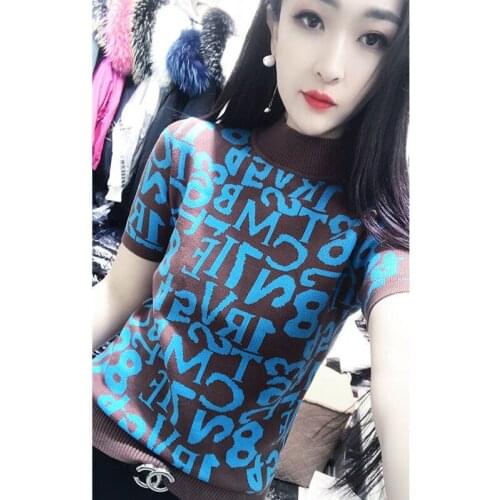 Spring and summer new fashion letter half high neck short sleeve sweater women slim foreign style half sleeve bottomed sweater t