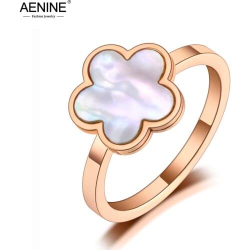 AENINE Fashion Titanium Stainless Steel White Shell Flower Plant Rings Bohemian Party Cocktail Ring Jewelry For Women AR20016