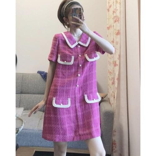 2020 Spring Summer Fashion womens High quality tweed dress Short sleeves plaid tweed A-line dress B975