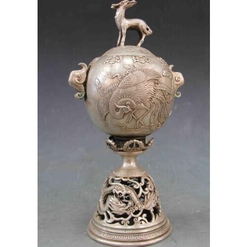 12 Chinese White Copper Silver Dragon Phoenix Kylin Kilin Censer incense burner