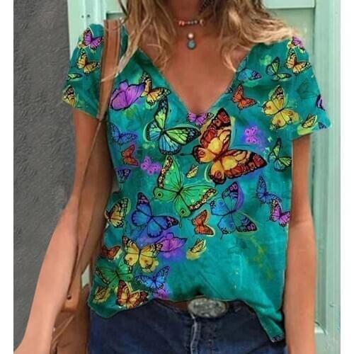 4# Woman Vintage Tshirts Plus Size Short Sleeve Butterfly Printed V-neck Tops Tee T-shirt Graphic T Shirts Mujer Camisetas