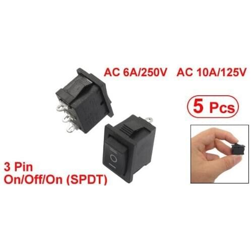 5 Pcs SPDT On/Off/On Mini Black 3 Pin Rocker Switch AC 6A/250V 10A/125V