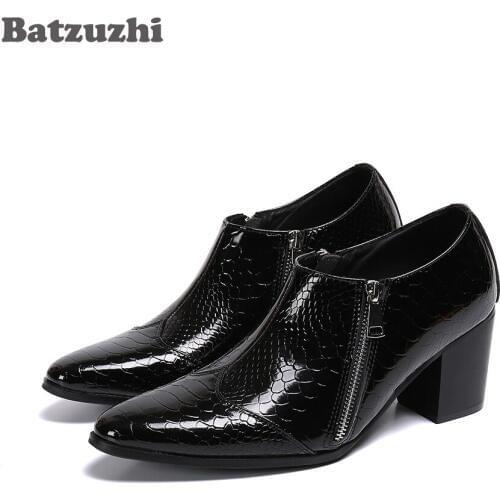 Batzuzhi 6.8cm High Heel Mens Leather Shoes Pointed Toe Zip Black Leather Dress Shoes Men Designers Zapatos Hombre Party,38-46