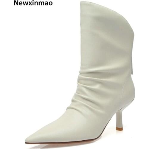 Fashion Genuine Leather Pointed Toe Shoes Woman Heels 2021 Fall Winter Thick Heels Boots for Wedding Back Zipper Ankle Boots