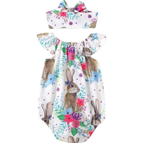Infant Kids Baby Girls Easter Rabbit Print Clothes Set, Baby Girls Flying Sleeve Round Collar Jumpsuit with Buttons + Headband