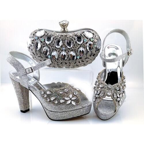 Doershow New Arrival African Wedding Shoes and Bag Set silver Italian Shoes with Matching Bags Nigerian Women party! HKV1-7