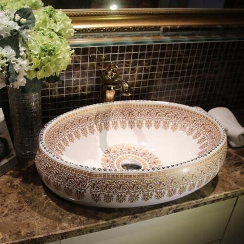 China Handmade Lavabo Washbasin Art wash basin Ceramic Counter Top hand painted sinks oval ceramic Wash Basin Bathroom Sink