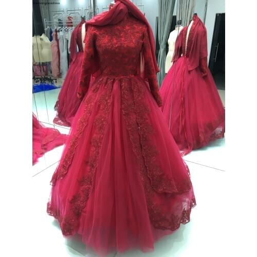 Red Ball Gown Islamic Muslim Ball Gown Kaftan Wedding Dress High Neck Long Sleeves Vintage Bridal Gown