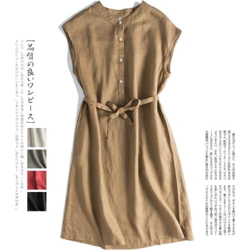Summer Women Casual Loose Plus Size Brief Japanese Style Stand Collar Comfortable Water Washed Linen Shirt Dresses 5 Colors