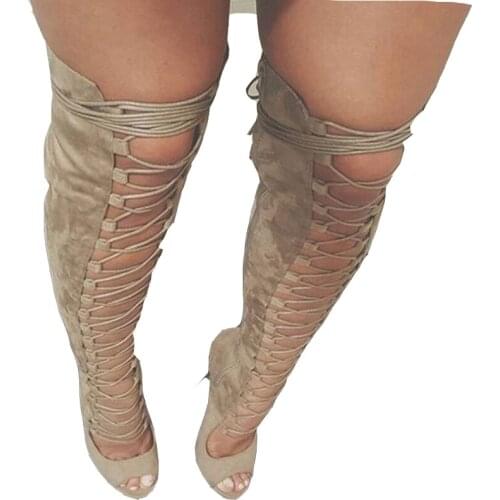 Hot selling suede lace-up boots sexy open toe cutouts gladiator sandal boots cutouts over the knee boots high heel boots