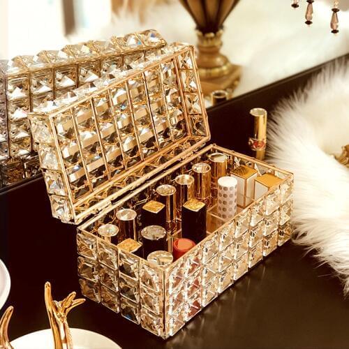 High Grade Metal Crystal Flip Cover Lipstick Holder Storage Box Desktop Dressing Table Makeup Organizer Cosmetic Shelf