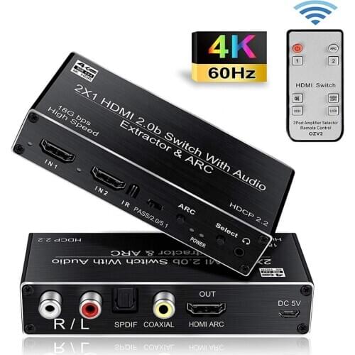 Mini 2x1 4K HDMI Switch Audio Extractor With ARC & Optical Toslink HDMI 2.0 Switch 4K 60Hz HDMI Switcher Remote For Apple TV PS4