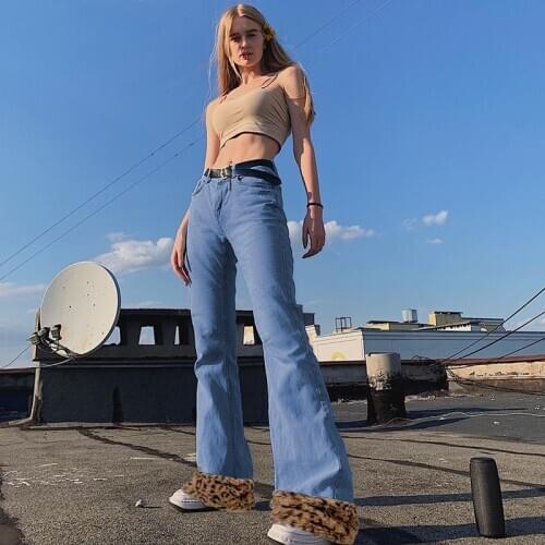 Trendy Women’s Korean Slim Fit Flare Jeans Fashion Leopard Patchwork Butterfly Print High-waist Wide Leg Bell Bum Denim Pants