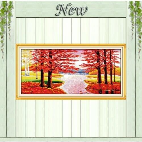 Maples bring good luck scenery river painting Counted print on canvas DMC 14CT 11CT Cross Stitch Needlework kits Embroidery Sets