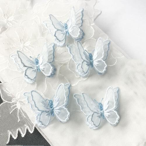 5PCS Light Blue Color Double Layers Organdy Butterfly Patch Doll clothing wedding decoration materials iron on patches