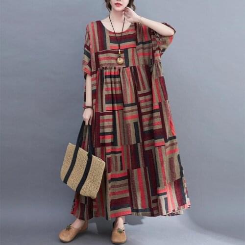 New Arrival 2021 Summer Korean Summer Women Dress Plus Size Plaid Vintage Long Dress Oversize Cotton Linen Boho Dress Robe Femme