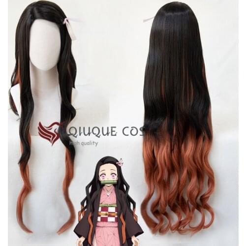 42'' 105cm Long Demon Slayer Nezuko Kamado Cosplay Wigs Kimetsu no Yaiba Heat Resistant Hair Cosplay Costume Wigs + Free Wig Cap