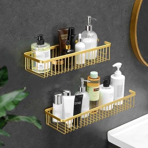 Bathroom Shelf Brushed Gold Bathroom Shower Shampoo Soap Cosmetic Shelf Storage Organizer Rack Holder Aluminum Bathroom hardware