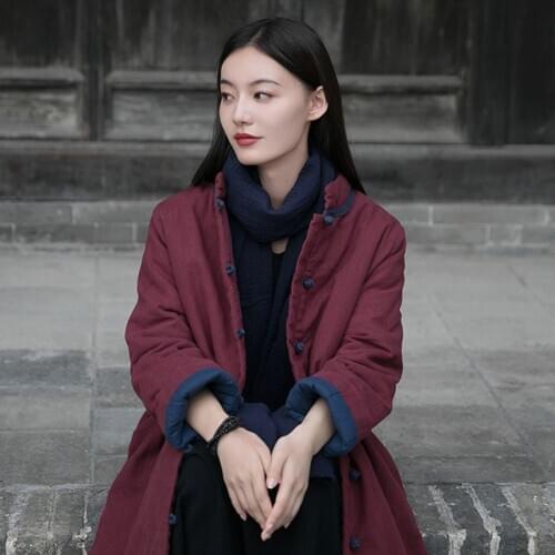 SCUWLINEN 2020 Winter Women Coat Vintage Chinese Style Solid Plate Button Long Sleeve Plus Size Linen Cotton Padded Jacket P332