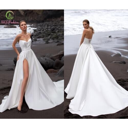 SSYFashion New White Satin Evening Dress Sexy Strapless Sleeveless High-split Simple Long Prom Formal Gowns Vestido De Novia