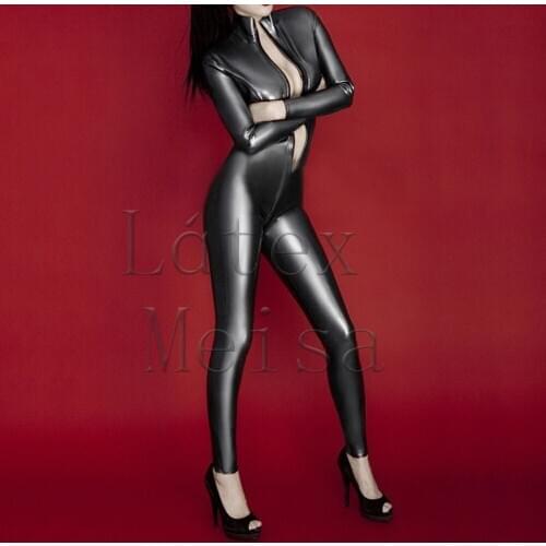 Dark gray 0.4mm thickness fetish latex catsuit with front zip to back ass with handmade crafts for women