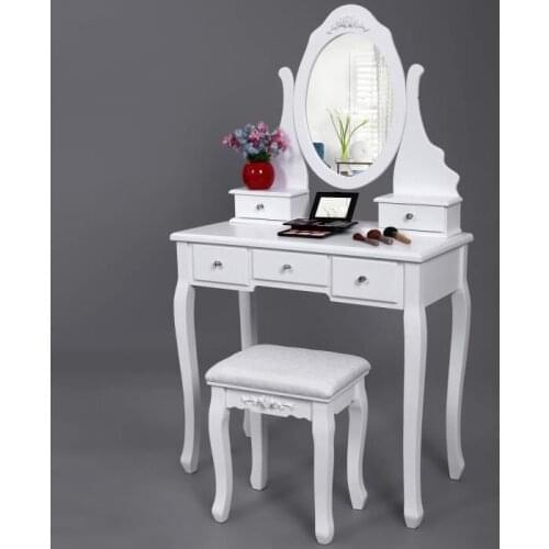 Retro Style White Solid Pinewood Makeup Dressing Table With Adjustable Mirrors, Stool Carved Drawers Dressers Bedroom Furniture