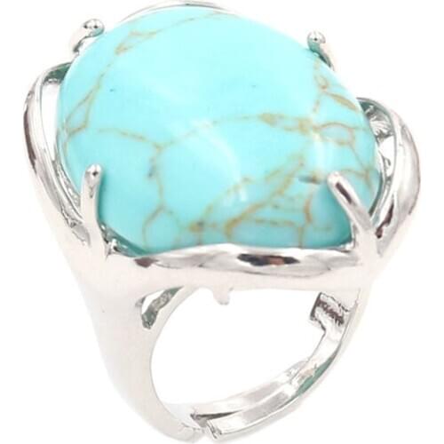 YJXP Silver Plated Oval Shape Adjustable Finger Wedding Ring Green Turquoises Stone Fashion Jewelry
