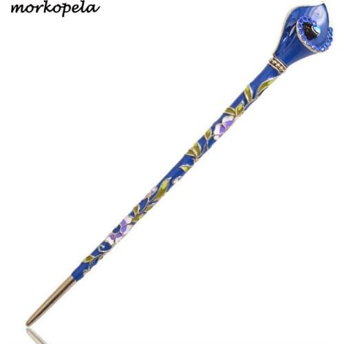 Morkopela Vintage Enamel Flower Hairpin Stick Rhinestone Hair Clip Women Banquet Hair Jewelry Chinese Style Hair Accessories
