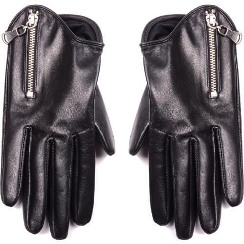 2019 New Womens Ladies genuine Leather Zipper Goat Skin Punk&Rock Wrist Touch Screen Short Gloves