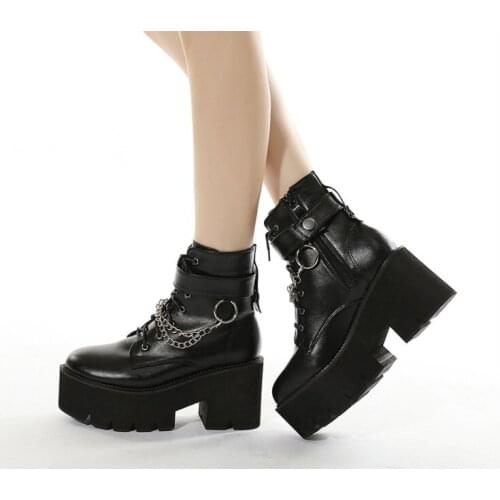 New Sexy Chain Women Leather Autumn Boots Block Heel Gothic Black Punk Style Platform Shoes Female Footwear High Quality