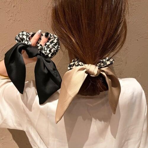 Women Fashion Houndstooth Satin Bow Hair Ties Lady Elegant Headdress Girl Ball Head Rope