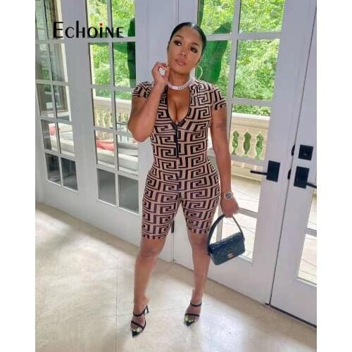 Echoine Women Fashion Printed Sexy V-Neck Casual Slim Short sleeve Playsuit Streetwear Bodycon Rompers Outfits Summer New 2021