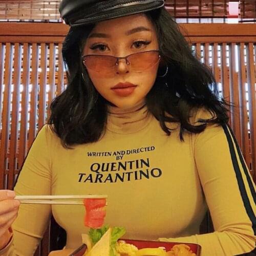 2021 Fashion Quentin Tarantino Sexy Crop Tops Women Side Stripe Long Sleeve Turtleneck Cotton Knitted Short tshirt Lady