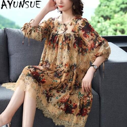 AYUNSUE Spring Summer Silk Dress Women Floral Boho Lace Dress Korean Fashion Plus Size Dresses for Women 4xl 5xl 6xl Beach 2021