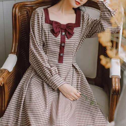 2020 new fashion womens clothing Square Collar Mid-Calf Full Plaid Vintage dress women