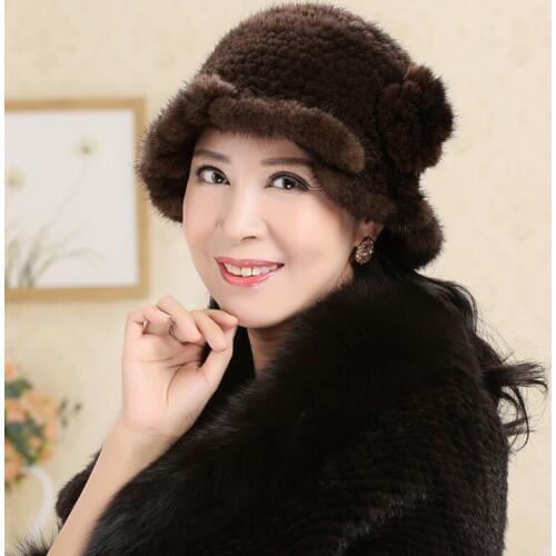 Winter Mink Fur Hats For Women 100% Real Fur Knitted Bucket Cap With Flowers Elegant Womens Knitted Fedora Cap For Women