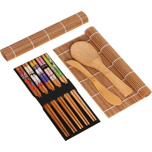9pcs/Set DIY Bamboo Sushi Maker Kit Curtain Rolling Mats Rice Paddle Chopsticks Spoon Spreader