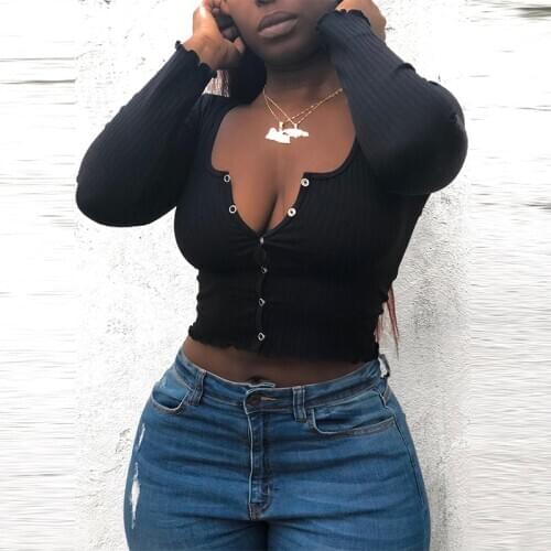 DSMTRC Button Up Ribbed Knitted Long Sleeve Crop Top Cardigan Solid Casual Sexy Fitted T Shirts for Women Fall 2021