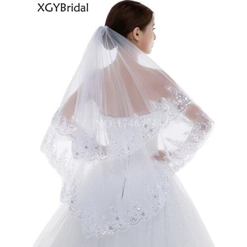 2021 New Arrival Double Layer Sequin Lace Short Bridal Veils Applique Edge With Hair Comb Marriage Headdress