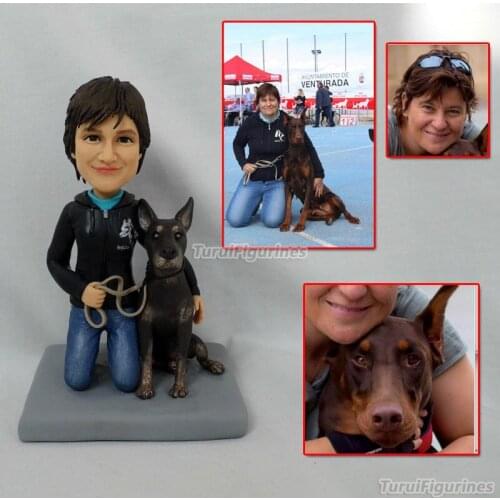Lady with dog figurine commercial sculpt custom design service diy bobblehead dolls clay figure people mini statue for hime her