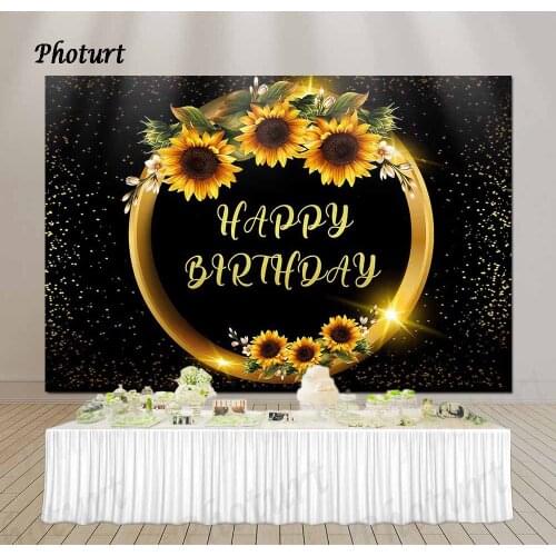 PHOTURT Sunflower Backdrop Birthday Wedding Banner Golden Ring Glitter Photography Background Polyester Vinyl Decorate Props