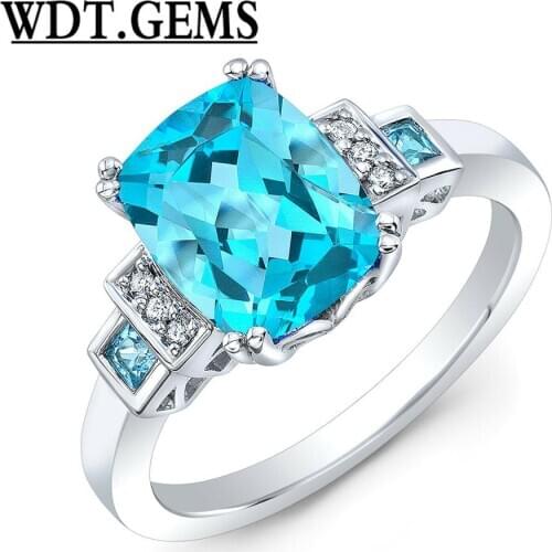 10K White Gold Cushion 8*10mm Blue Topaz Diamond Ring Step Natural 3.86 TCW