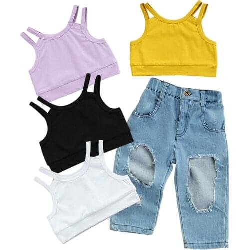 1-7Y Summer Fashion Kids Girls Clothes Sets 2pcs Solid Sleeveless Pullover Vest Tops Denim Pants 4 Colors